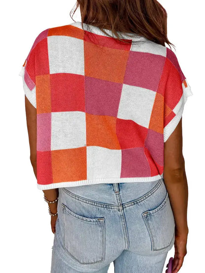 Color Block Checkered Cap Sleeve Sweater Top