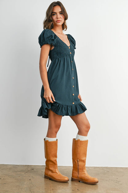 Dark Green Gingham Button-Front Mini Dress