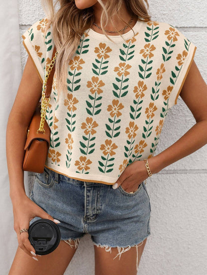 Retro Floral Knit Short Sleeve Vintage Pullover Tee