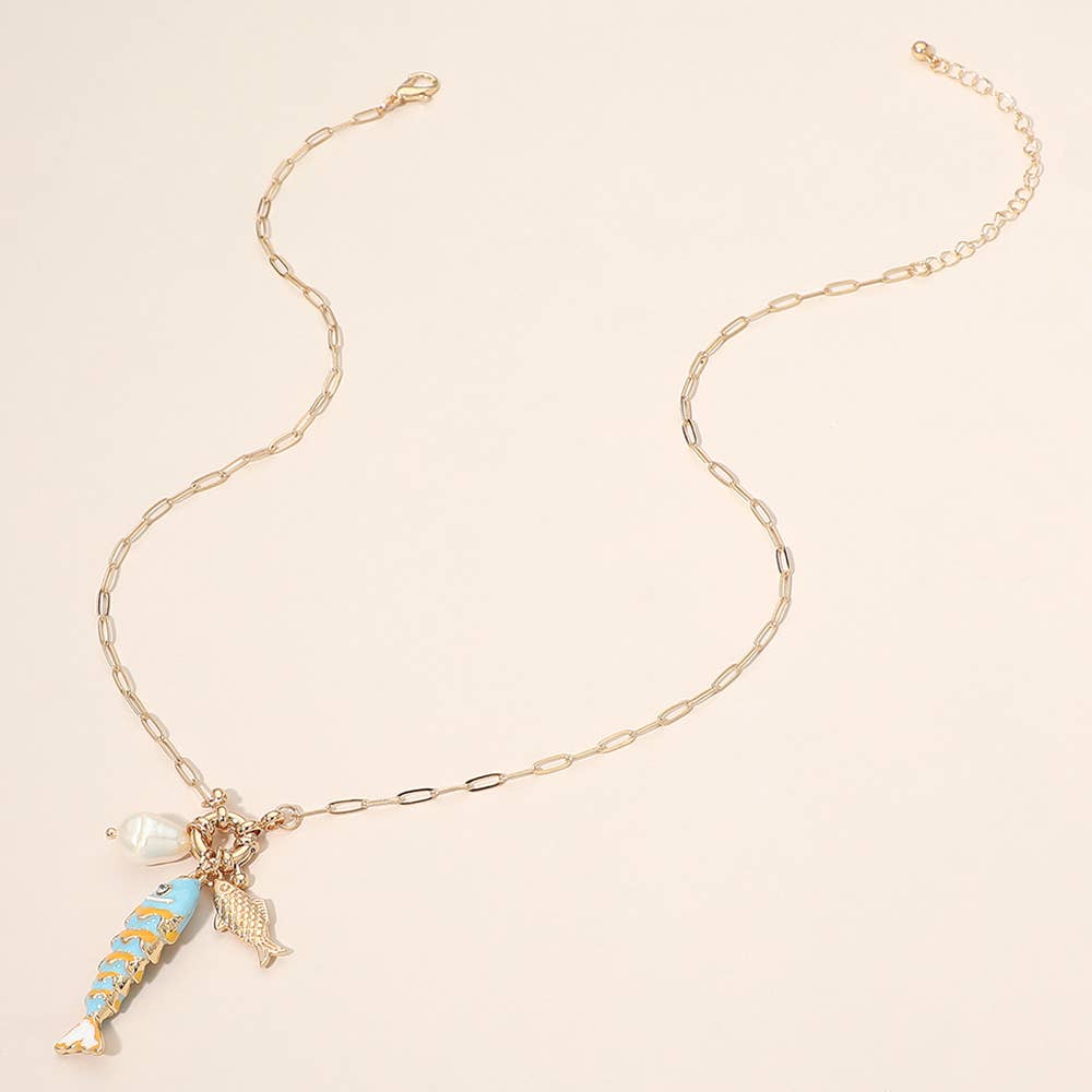 Pearl Fish Charm Pendant Necklace