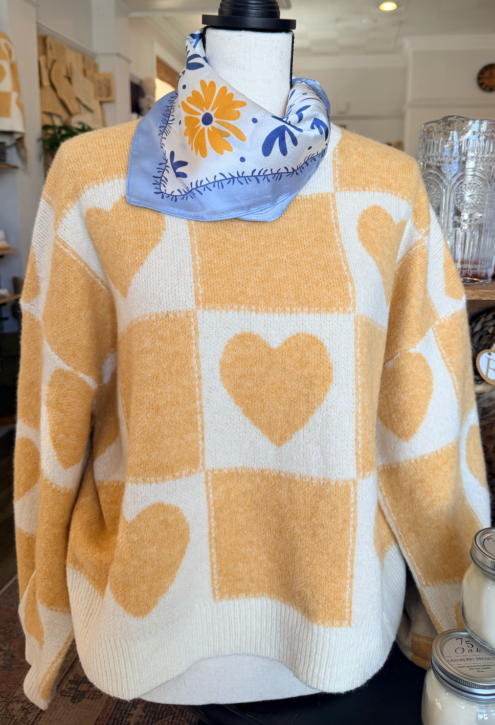 Butter Yellow Heart Checkered Crew Neck Sweater