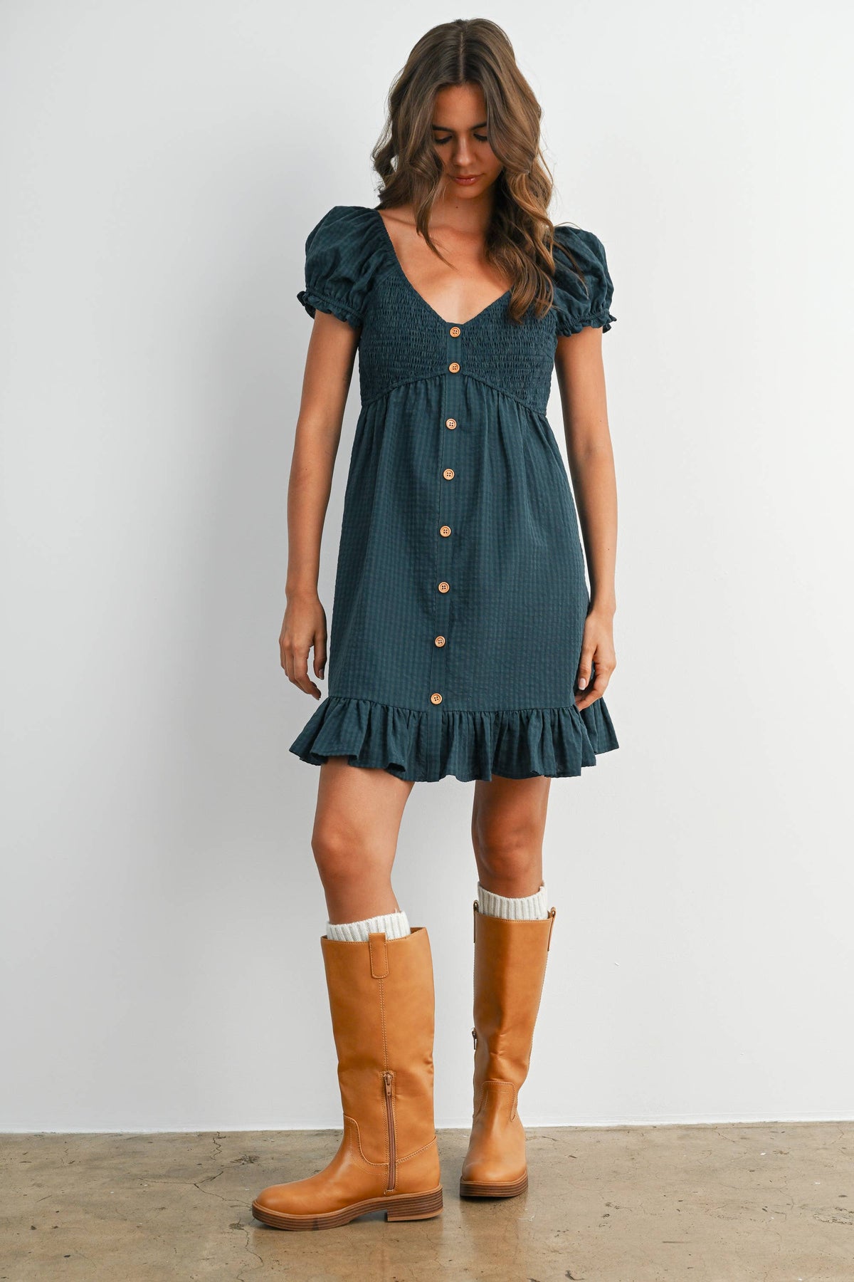 Dark Green Gingham Button-Front Mini Dress