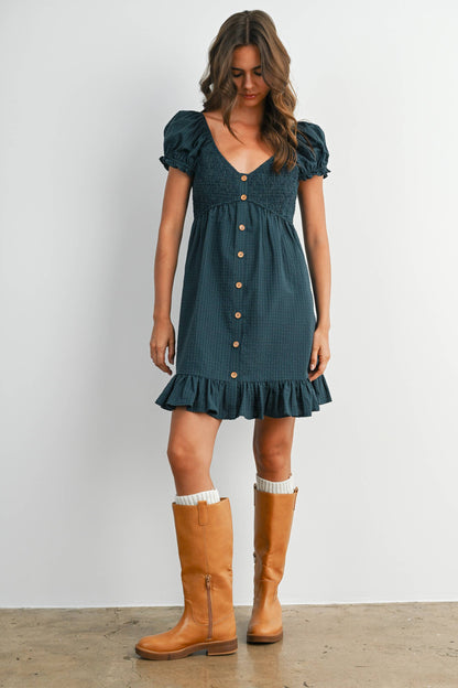 Dark Green Gingham Button-Front Mini Dress