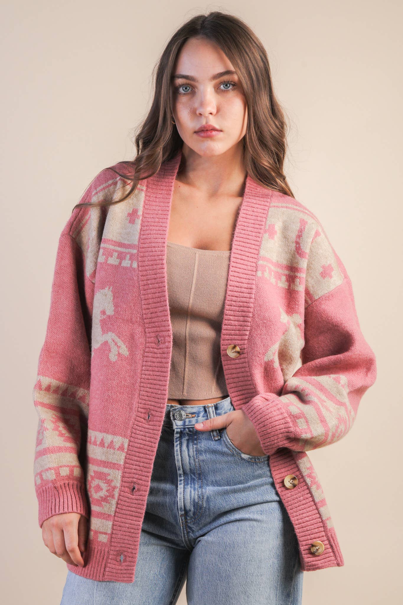Mauve Oversized Western Graphic Knit Cadigan