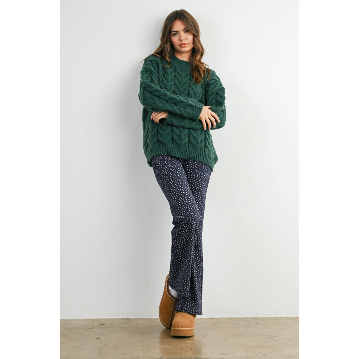 Green Cable-Knit Long Sleeve Sweater