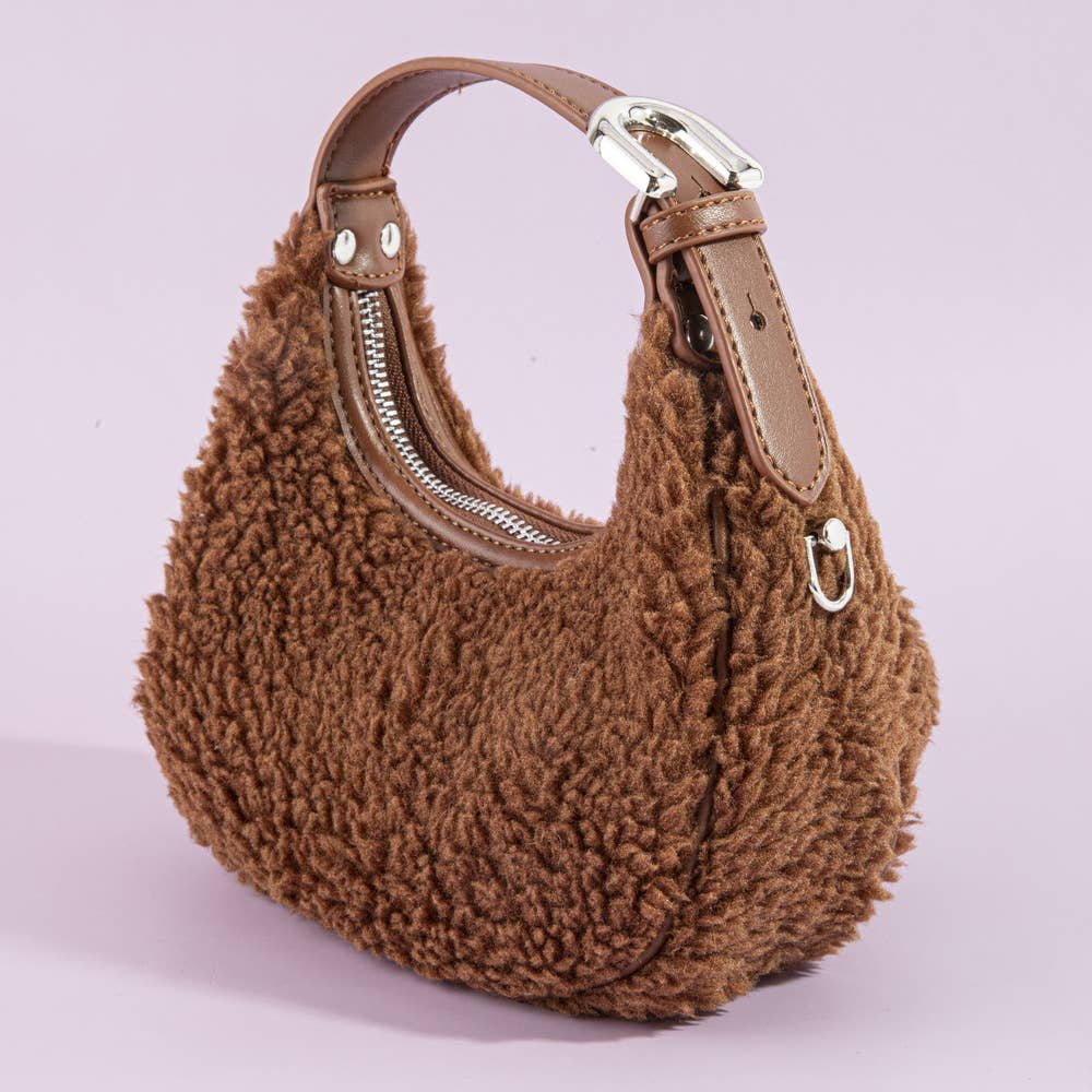 Sherpa Fleece Pom Charm Hobo Bag