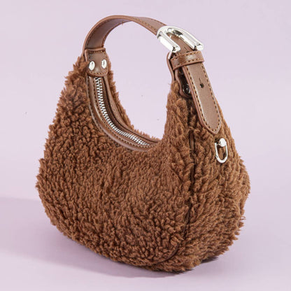 Sherpa Fleece Pom Charm Hobo Bag
