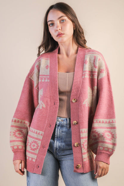 Mauve Oversized Western Graphic Knit Cadigan