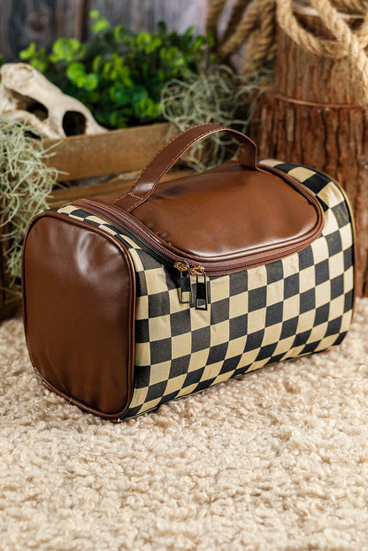 Black Checkered Faux Leather Zippered Makeup Bag