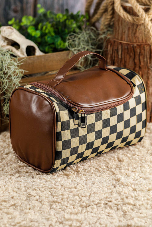 Black Checkered Faux Leather Zippered Makeup Bag