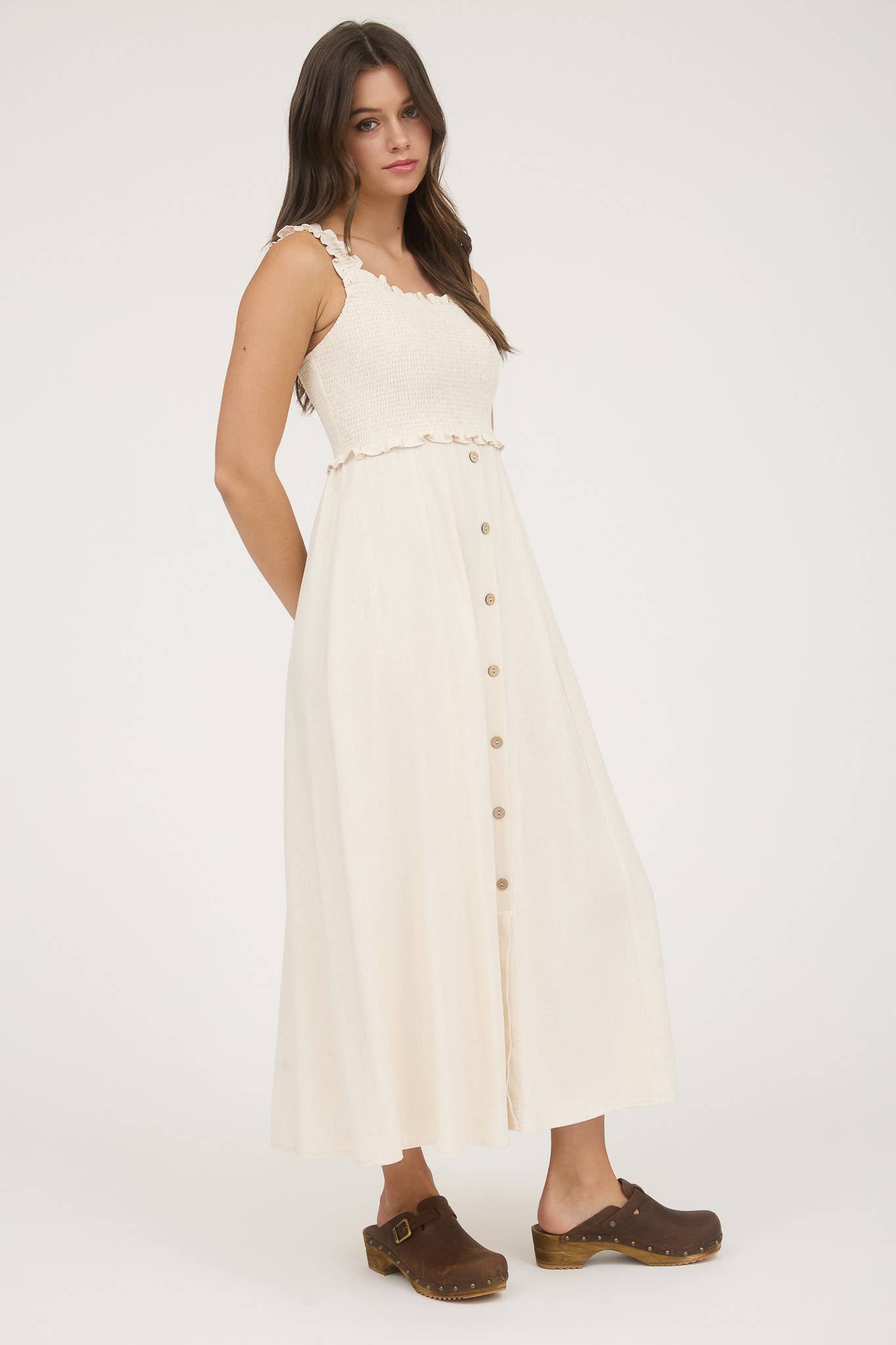 Ivory Smocked Sleeveless Button Down Midi Dress