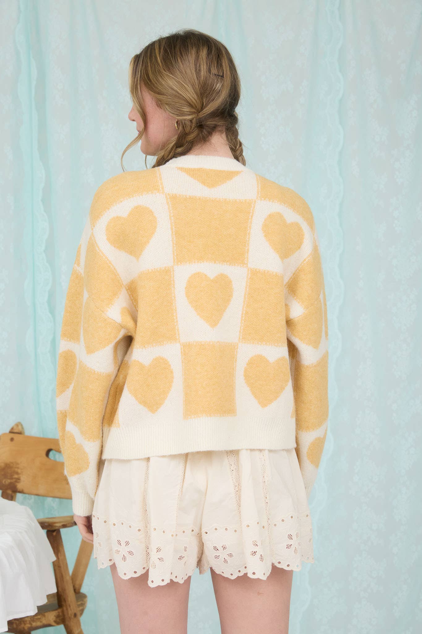 Butter Yellow Heart Checkered Crew Neck Sweater