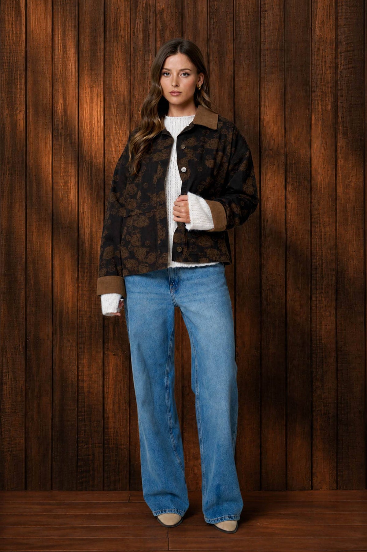 Floral Denim Jacquard Corduroy Collar Jacket
