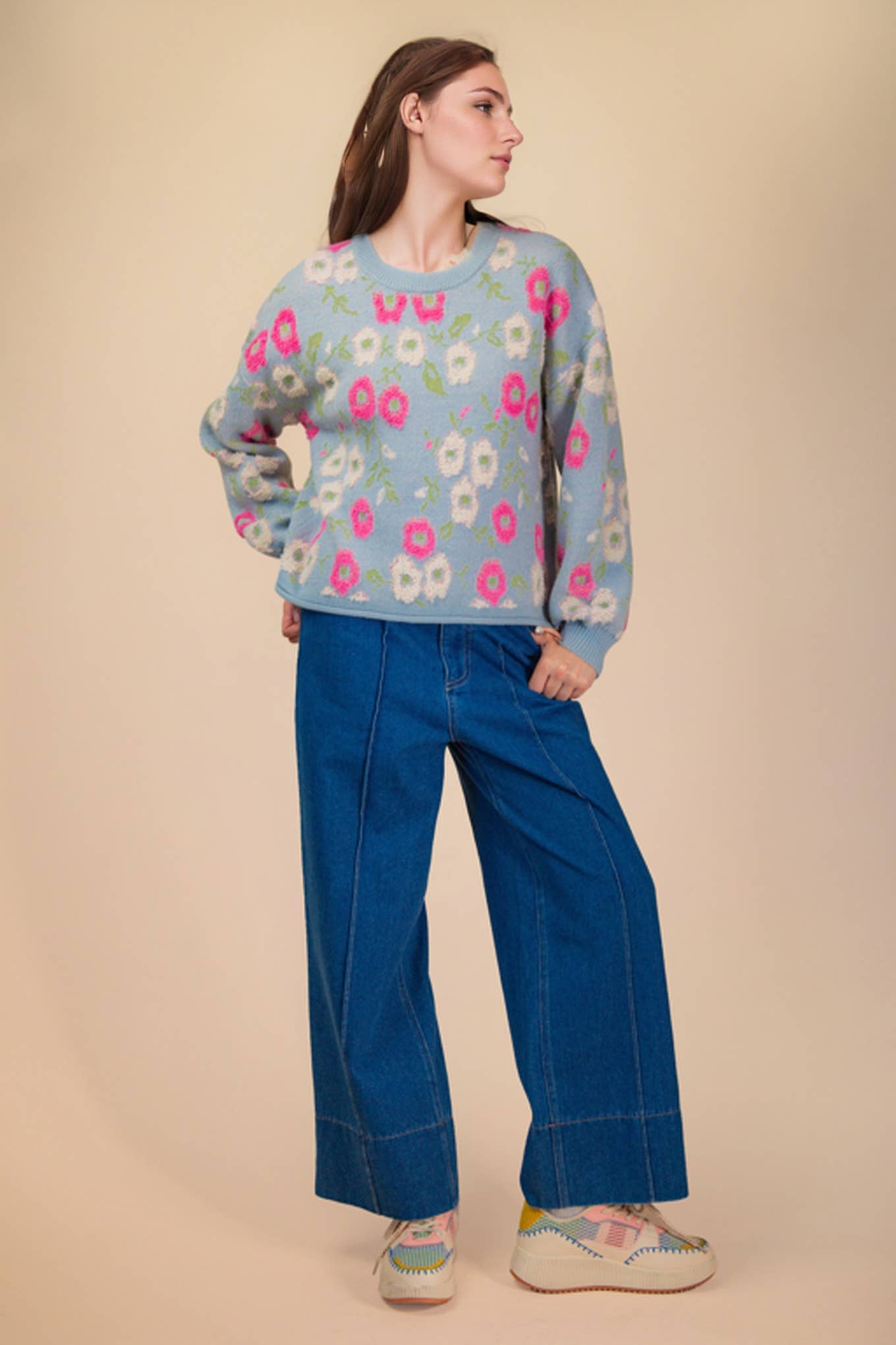 Floral Textured Oversized Knit Sweater