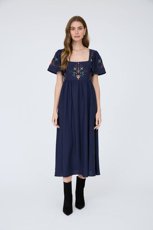 Navy Bell Sleeve Midi Dress with Embroidery Detail