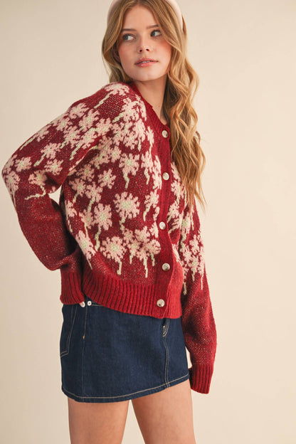 Floral Knit Button Down Sweater Cardigan