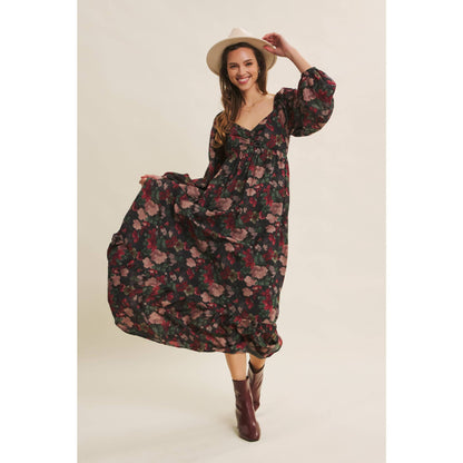 Black and Wine Autumn Floral Crinkled Smocked Maxi Dress