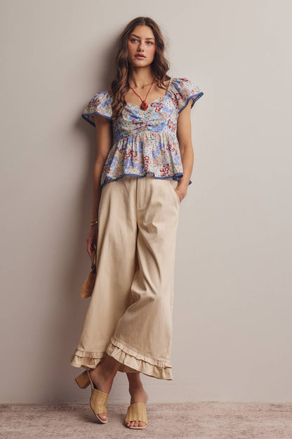 Floral Ruched Peplum Cotton Top