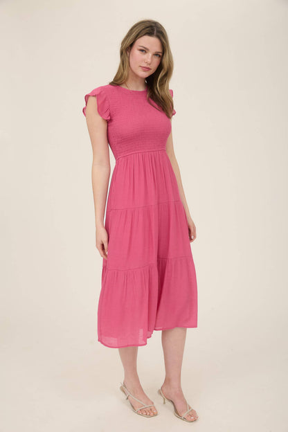 Pink Smocked Top Tiered Midi Dress