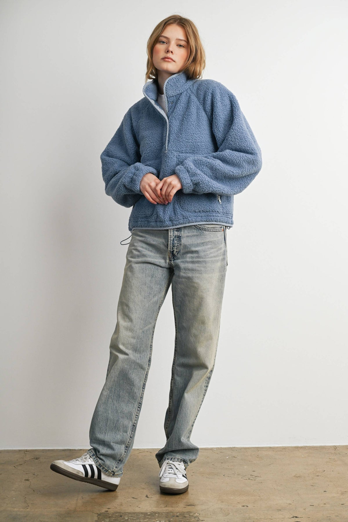 Blue Casual Half Button Fleece Sweatshirt