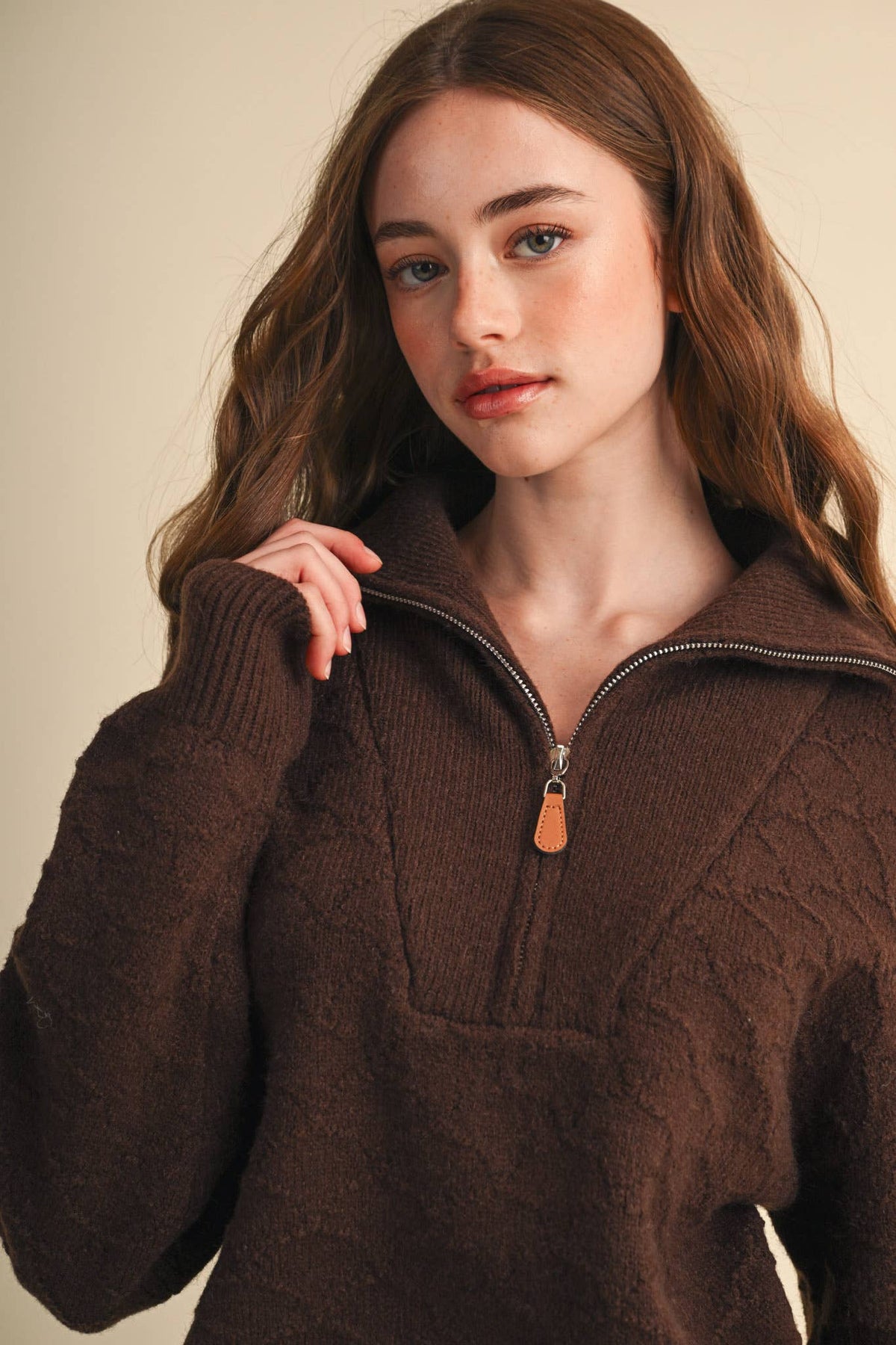 Shell Stitch Chocolate Brown Mock Neck Half Zip Pullover Sweater