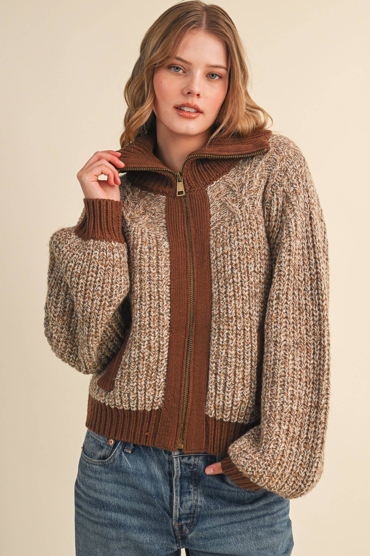 Mocha Contrast Zip Up Sweater Jacket