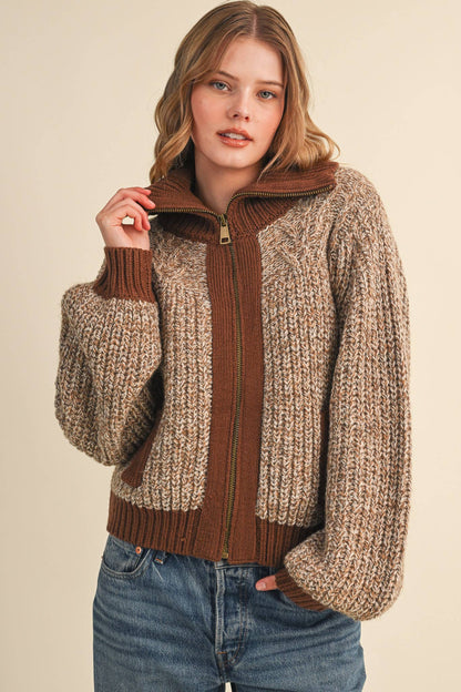 Mocha Contrast Zip Up Sweater Jacket