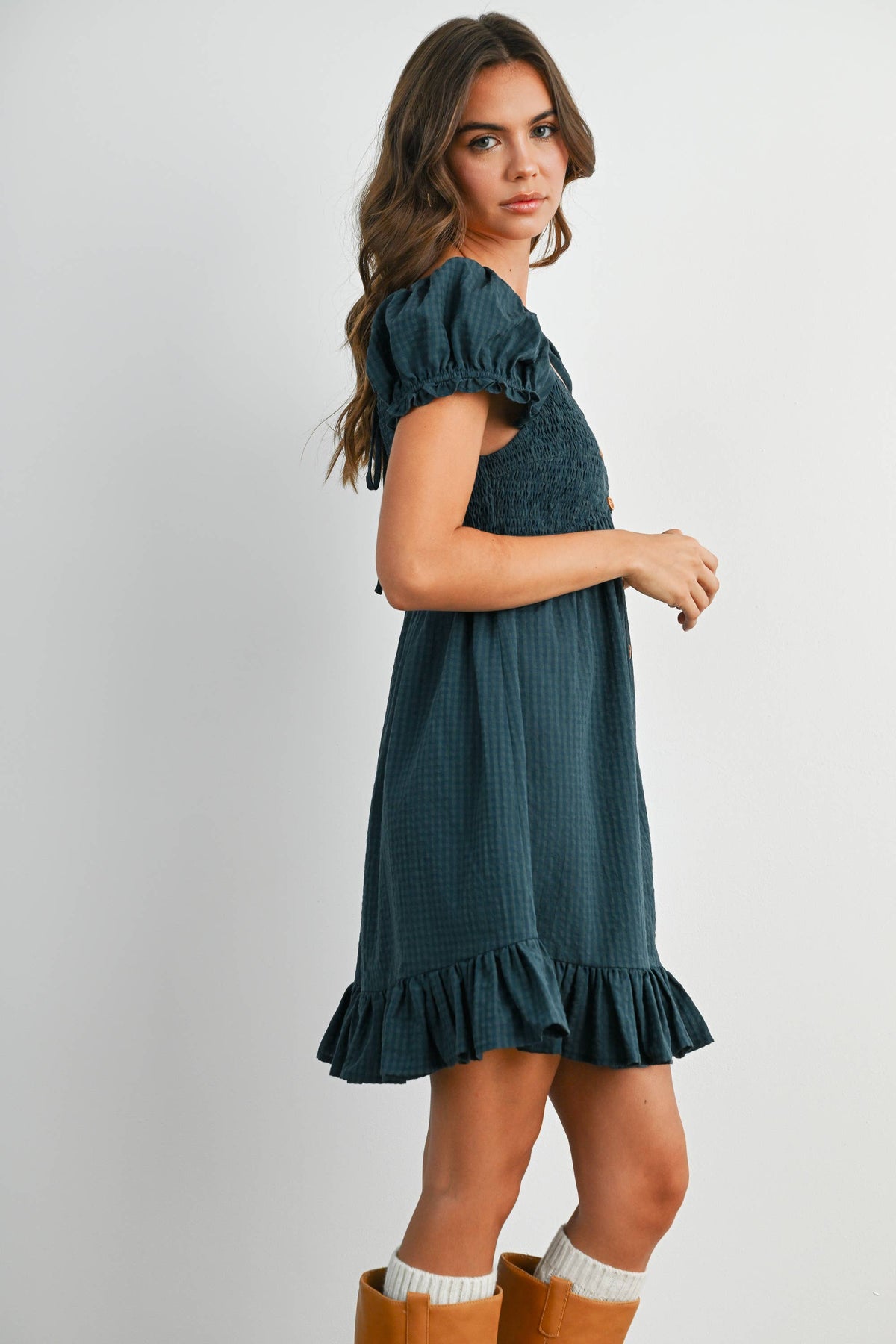 Dark Green Gingham Button-Front Mini Dress