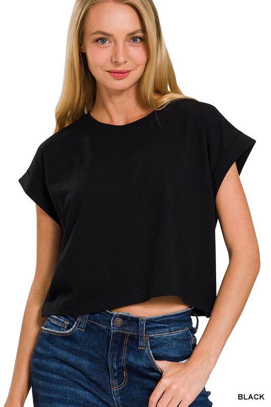 Black Cotton Short Sleeve Crop Tee
