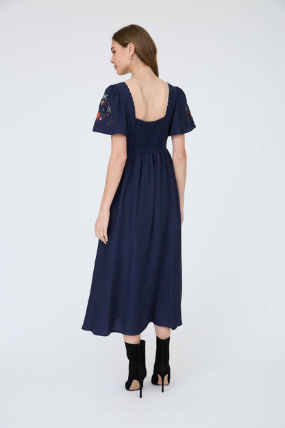 Navy Bell Sleeve Midi Dress with Embroidery Detail