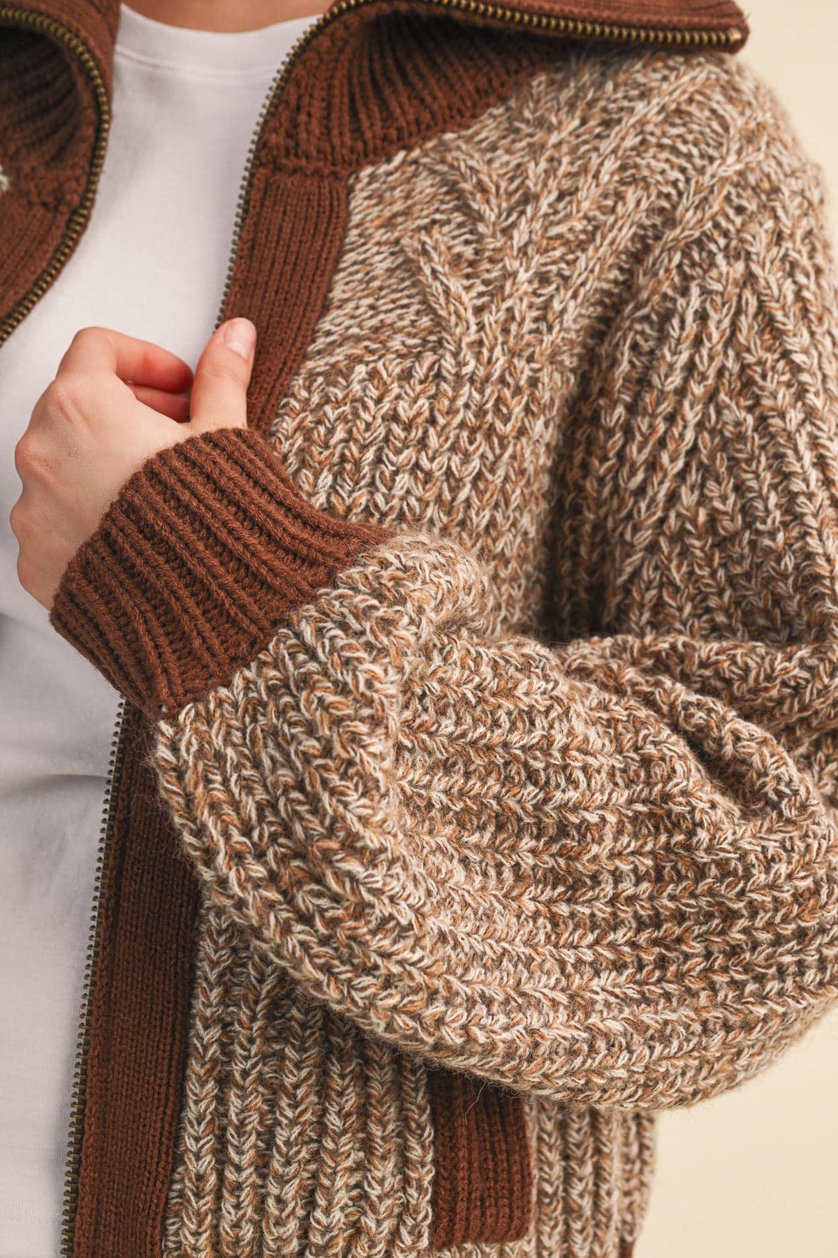 Mocha Contrast Zip Up Sweater Jacket