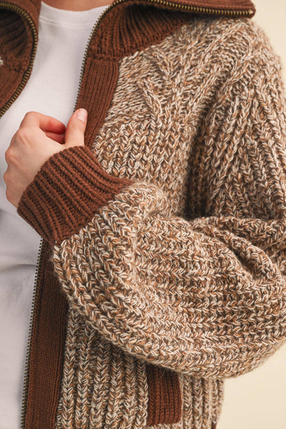 Mocha Contrast Zip Up Sweater Jacket
