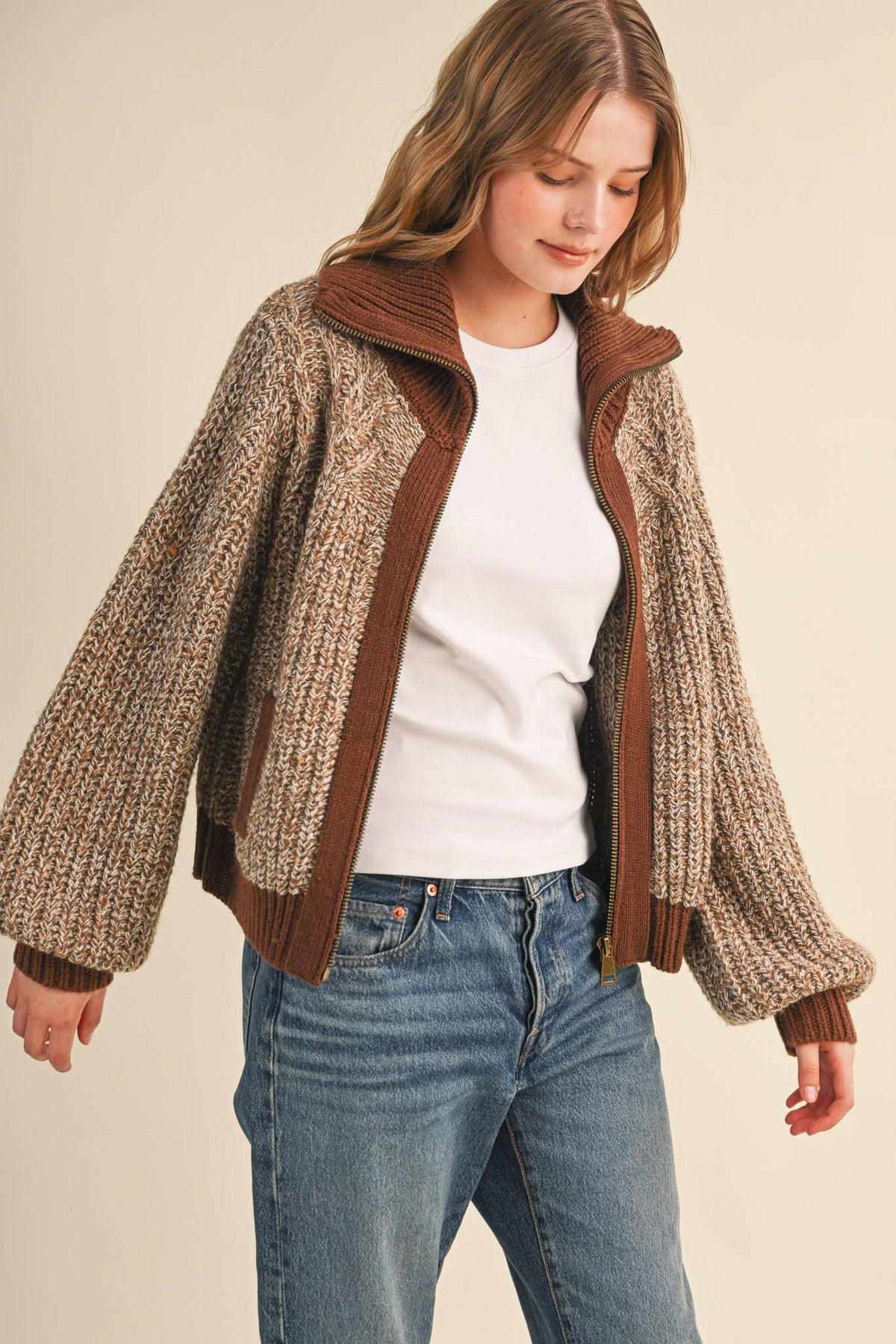 Mocha Contrast Zip Up Sweater Jacket