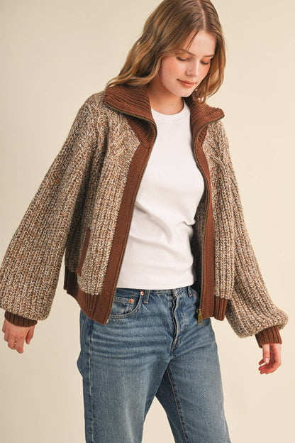 Mocha Contrast Zip Up Sweater Jacket