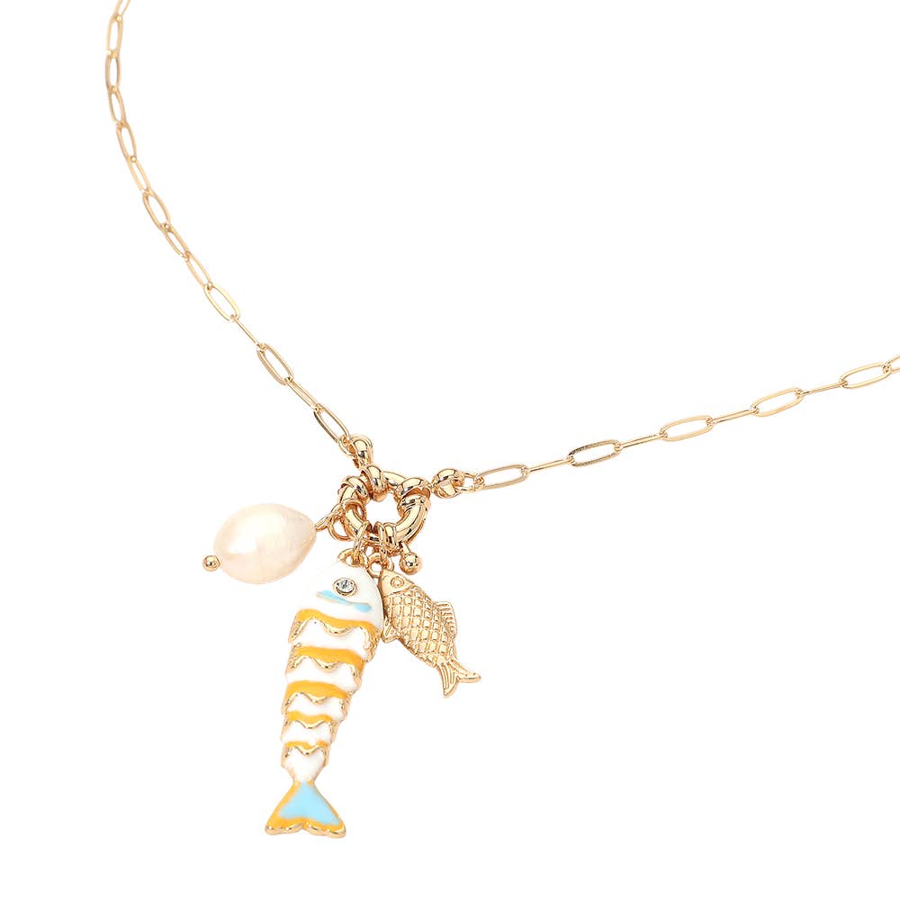 Pearl Fish Charm Pendant Necklace