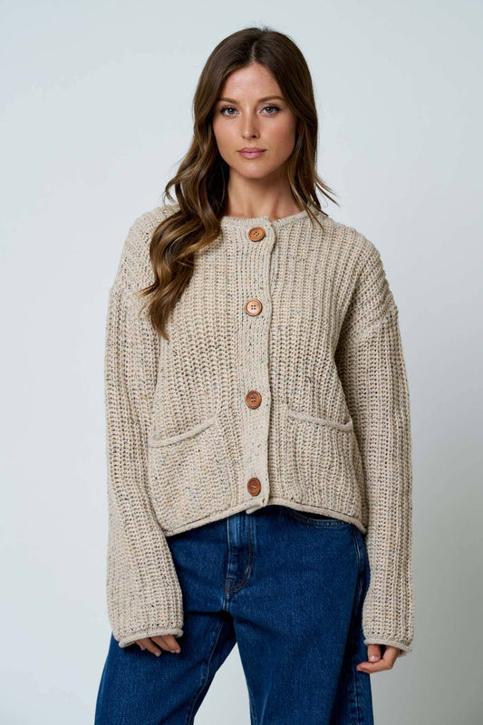 Light Khaki Button Down Raw Edge Chunky Knit Cardigan