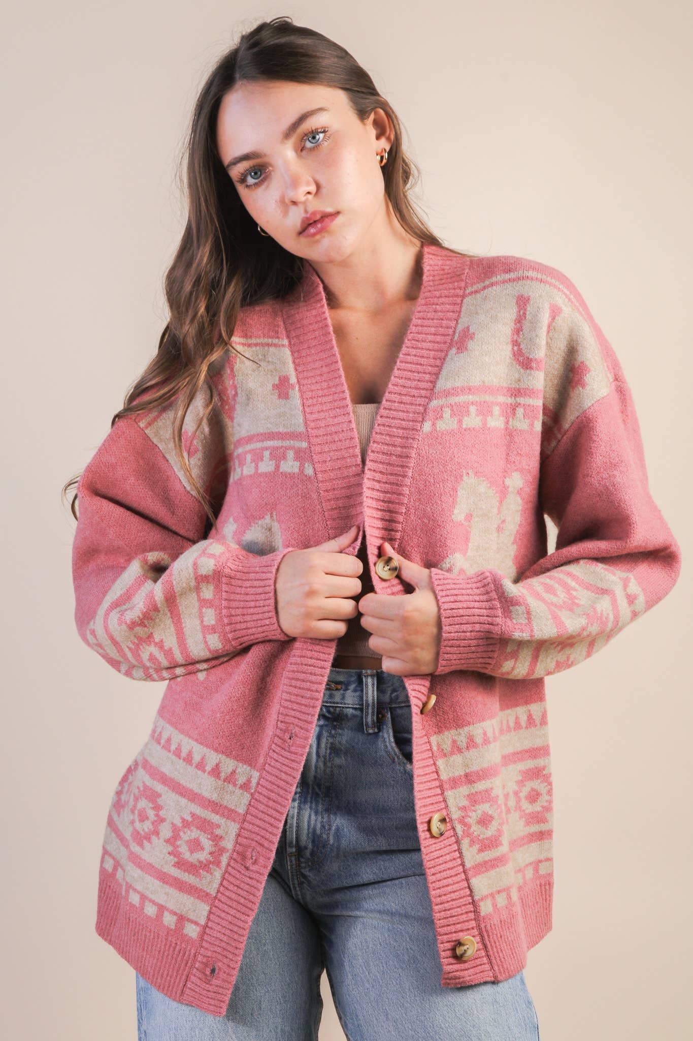 Mauve Oversized Western Graphic Knit Cadigan