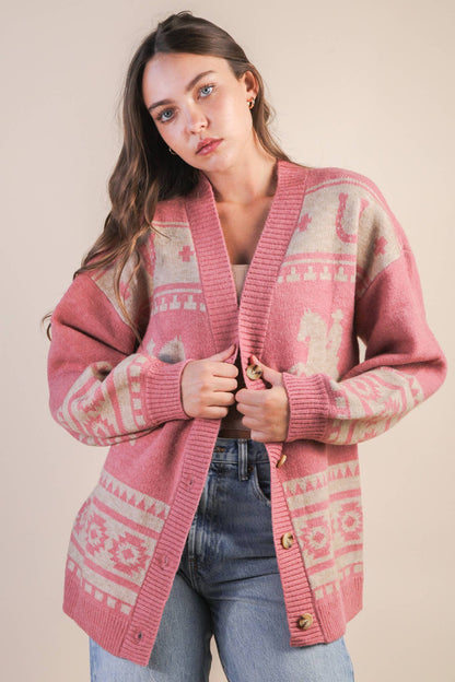 Mauve Oversized Western Graphic Knit Cadigan