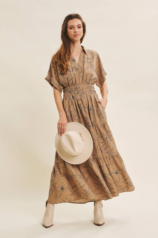 Mocha Vintage Inspired Dolman Sleeve Textured Floral Maxi Dress