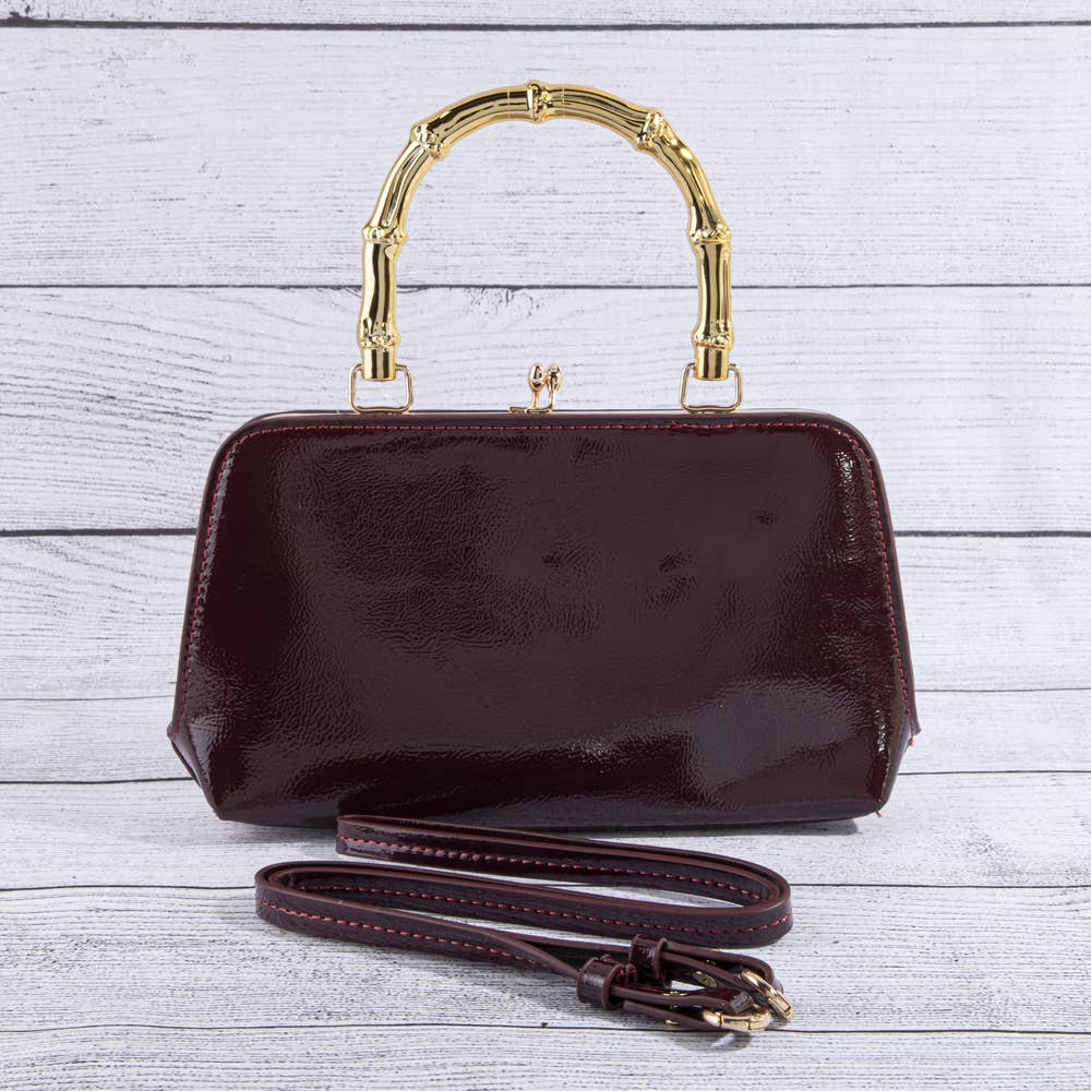 Patent Vegan Leather Bamboo Handle Frame Bag