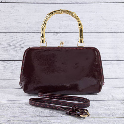 Patent Vegan Leather Bamboo Handle Frame Bag