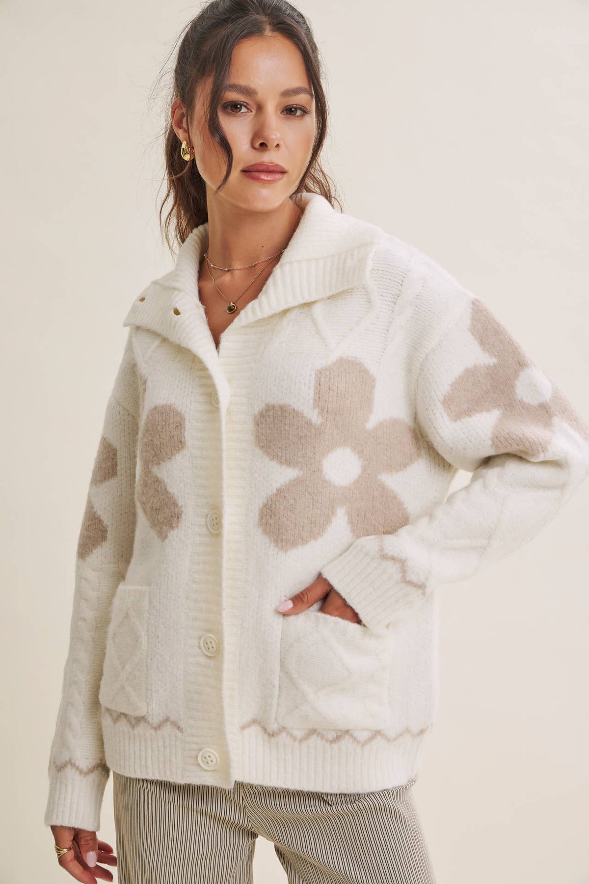 French Cottage Floral Intarsia Sweater Jacket Cardigan