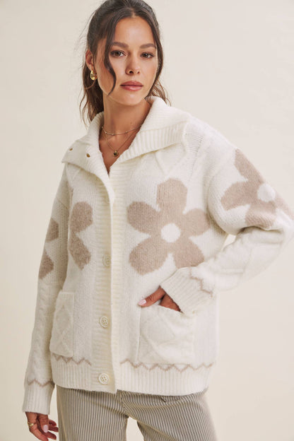 French Cottage Floral Intarsia Sweater Jacket Cardigan