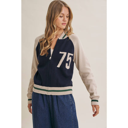 Varsity Collegiate Zip Front Cotton Sweater Bomber Jacket