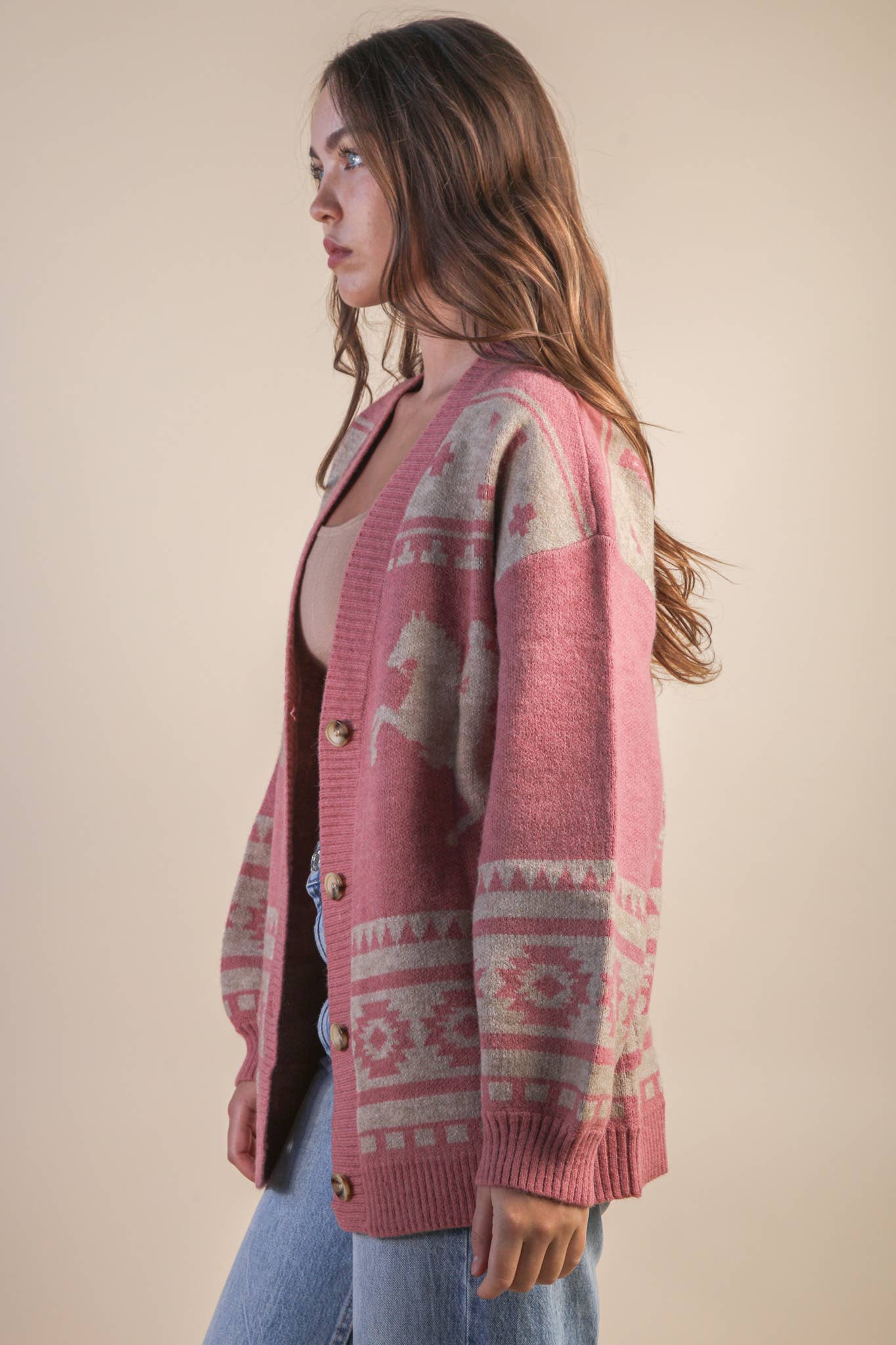 Mauve Oversized Western Graphic Knit Cadigan