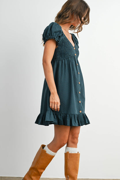 Dark Green Gingham Button-Front Mini Dress