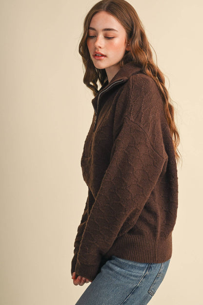 Shell Stitch Chocolate Brown Mock Neck Half Zip Pullover Sweater