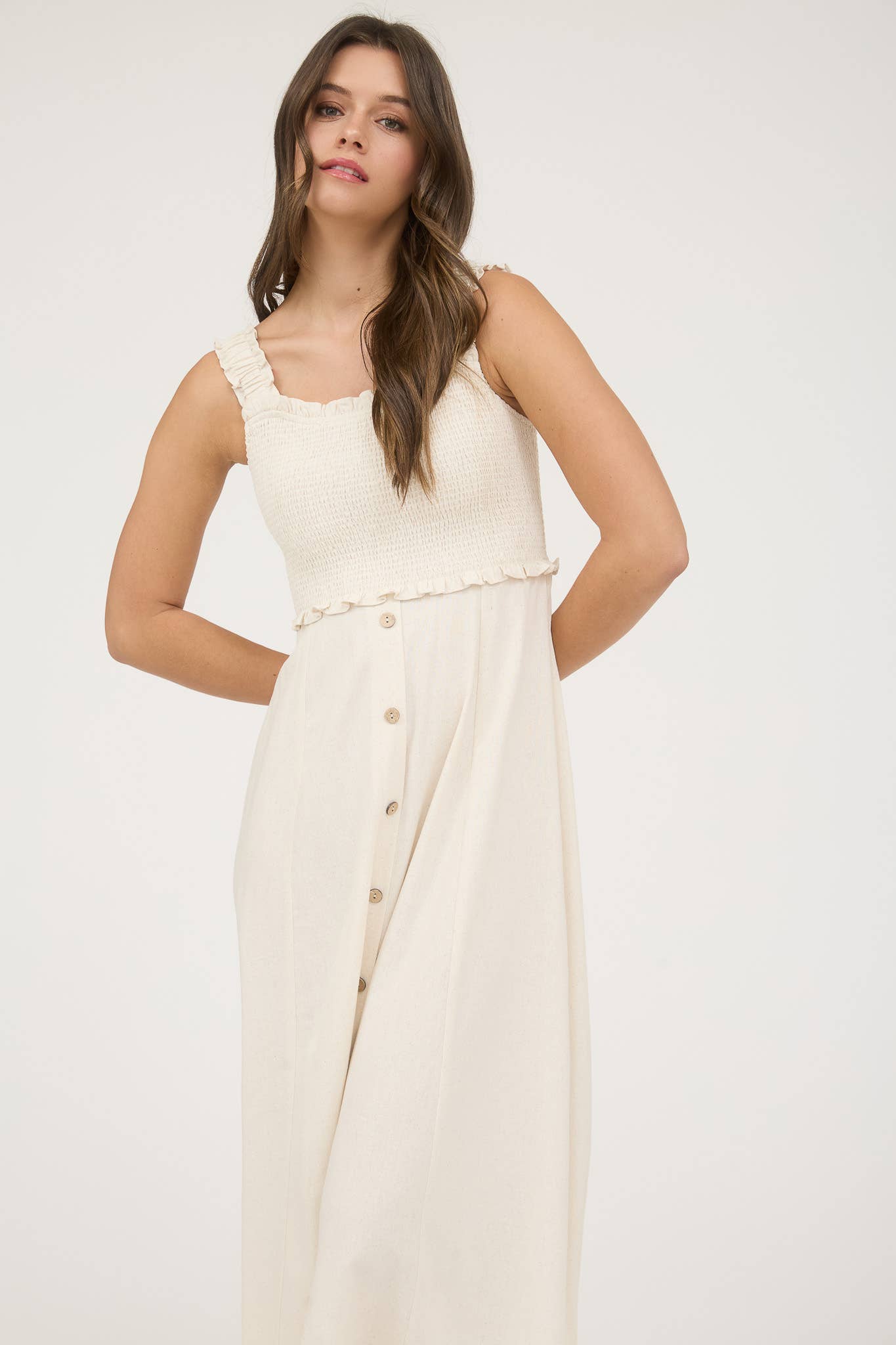 Ivory Smocked Sleeveless Button Down Midi Dress