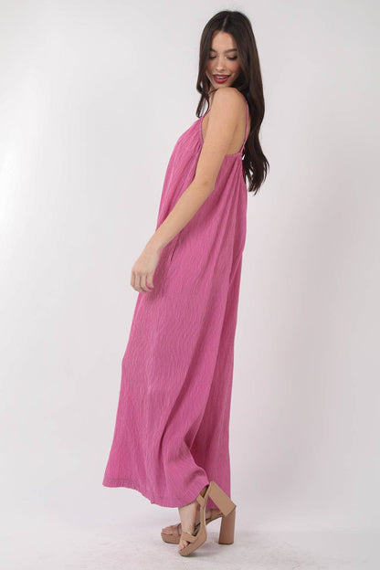 Pink Sleeveless Pleated Wide Leg Jumpsuit with Pockets