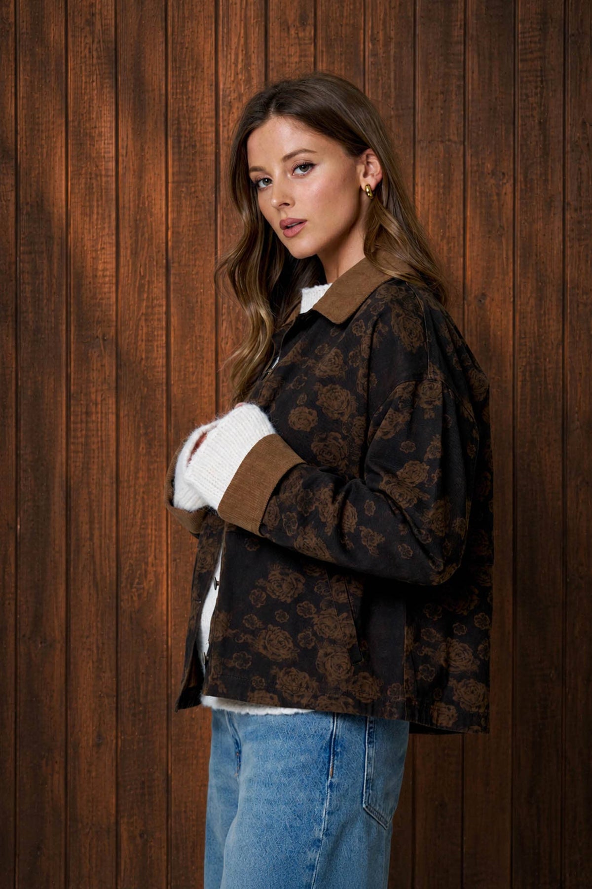 Floral Denim Jacquard Corduroy Collar Jacket